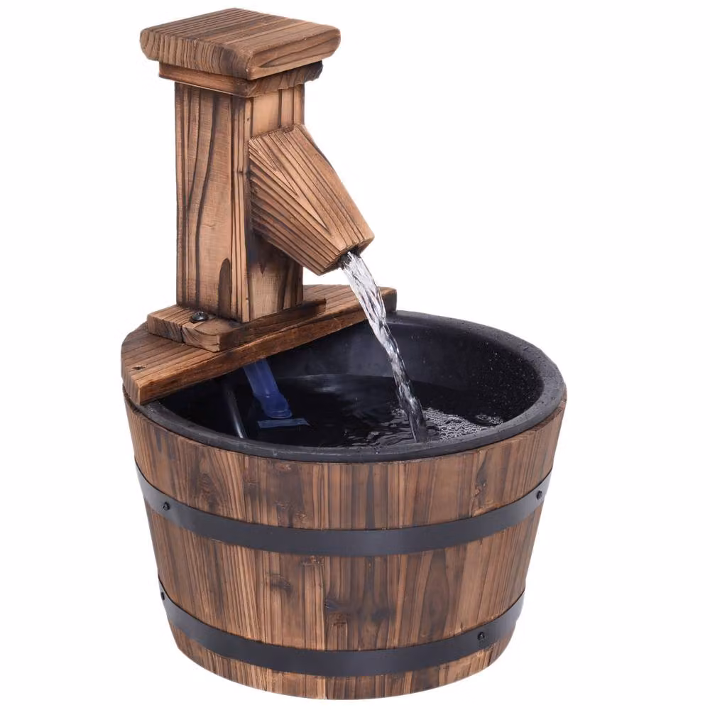 Outsunny Wood Barrel Patio Water Fountain with Electric Pump in Brown, W/D/H: 37.0 x 27.0 x 1.0 cm – 2