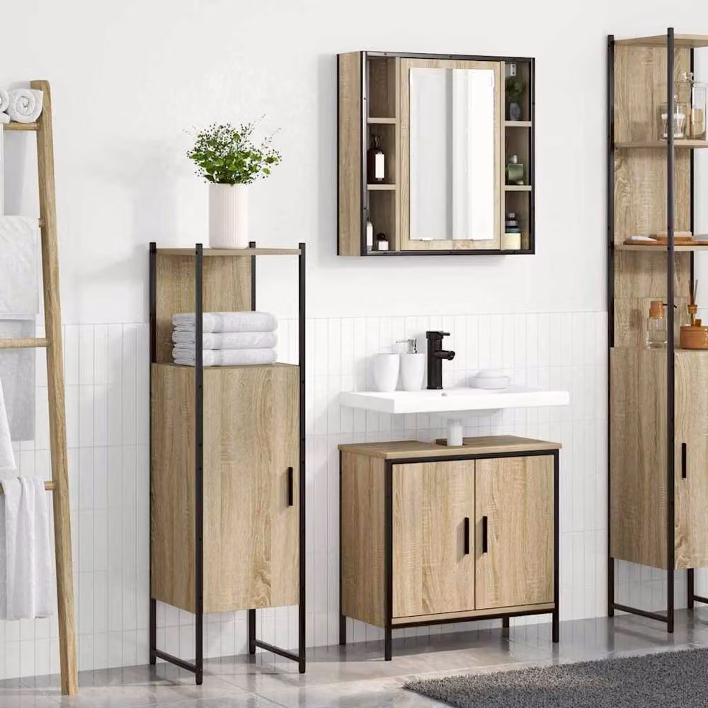 Berkfield Home Modern 3 Piece Bathroom Furniture Set in Sonoma Oak and Beige – 2