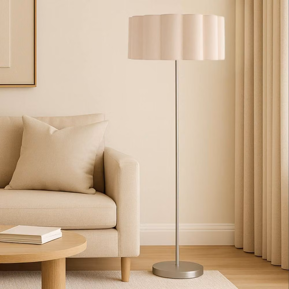 CGC Lighting Lena Brushed Nickel Straight Floor Lamp with Large Scalloped Cream Fabric Lampshade – 2