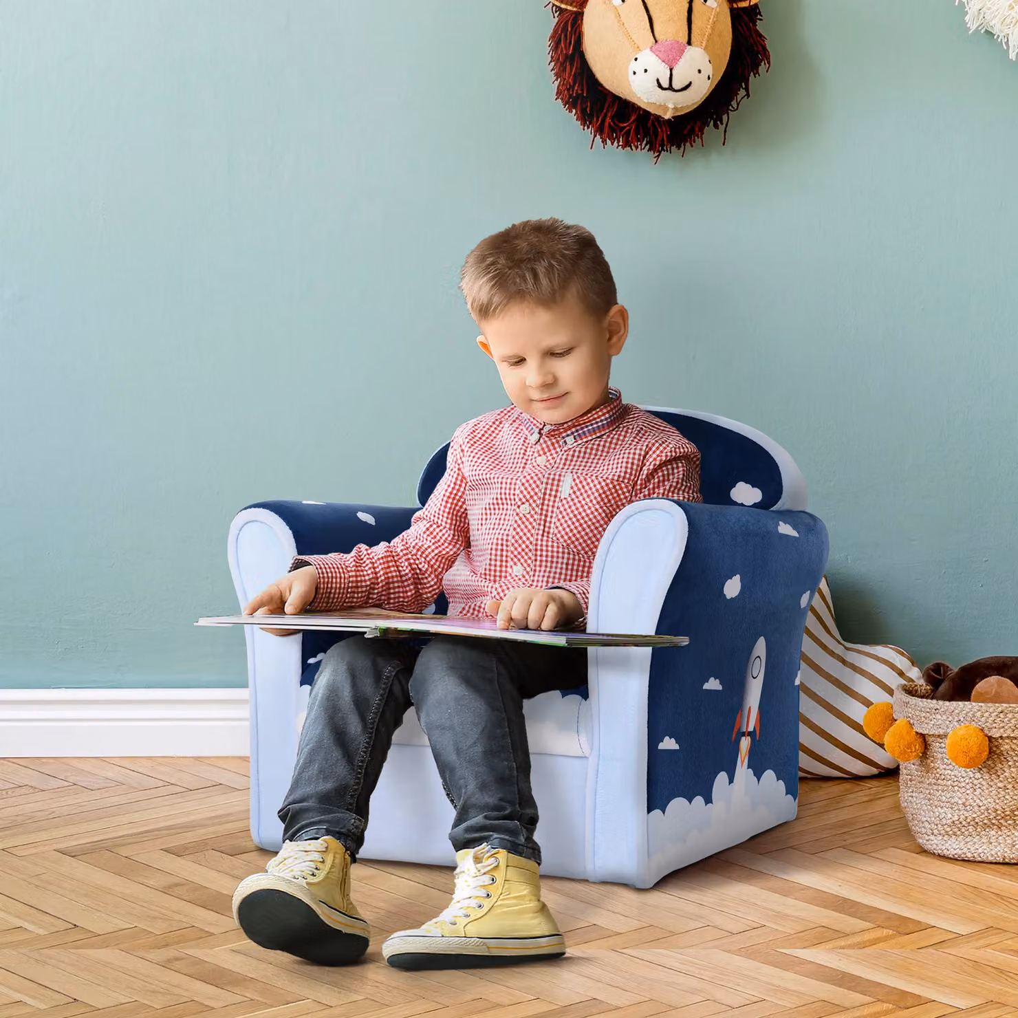 HOMCOM Blue Fabric Childrens Armchair Single Sofa Seat with Solid Wood Frame – 2