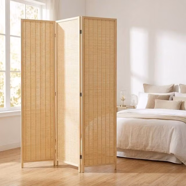 STILVORA 4 Panel Folding Room Divider Screen in Beige Bamboo and Wood, Height: 180 cm