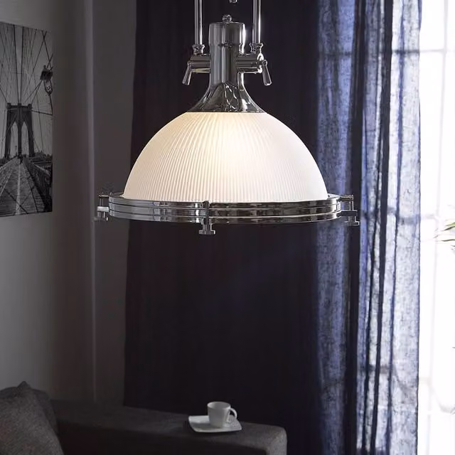 Wyld and Coco Industrial Suspended Pendant Lamp with White Glass Dome and Silver Metal Frame – 1