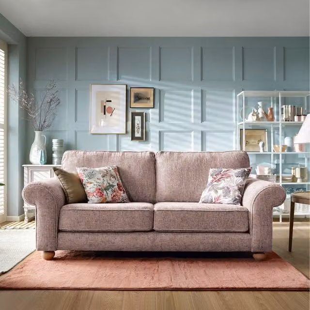 Abakus Direct Ingrid 3 Seater Upholstered Fabric Sofa in Pink with Scatter Cushions