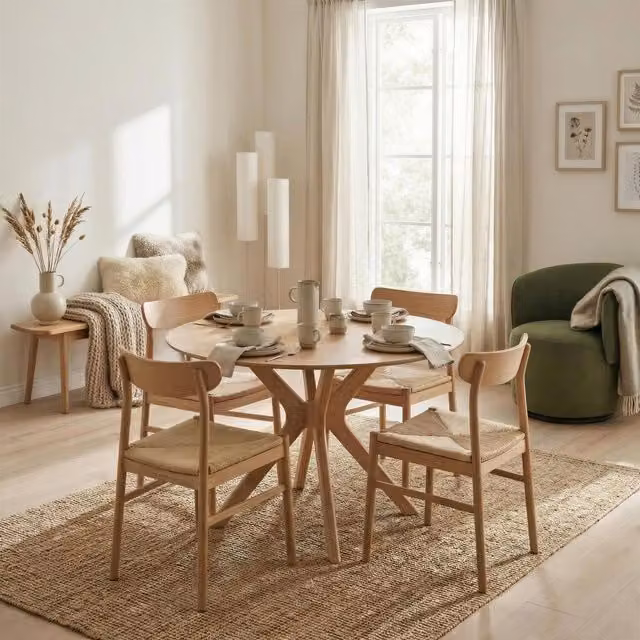 Furniturebox UK Mette Round Oak Veneer Dining Table and 4 Bonnie Chairs Set in Brown
