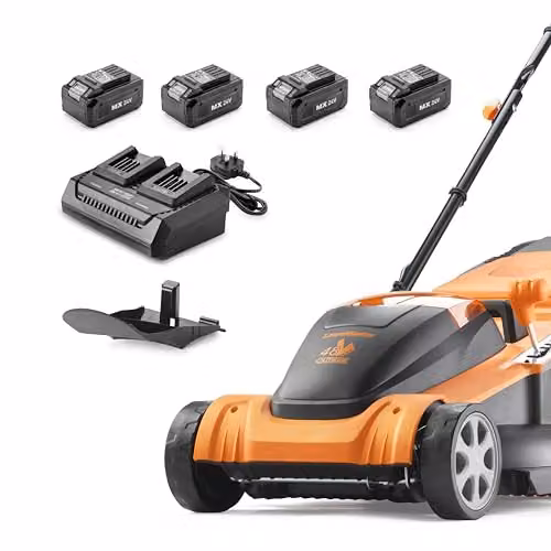 LawnMaster 48V 41cm Cordless Lawnmower in Orange with Spare Battery, Collection Bag and Mulching Kit – 7
