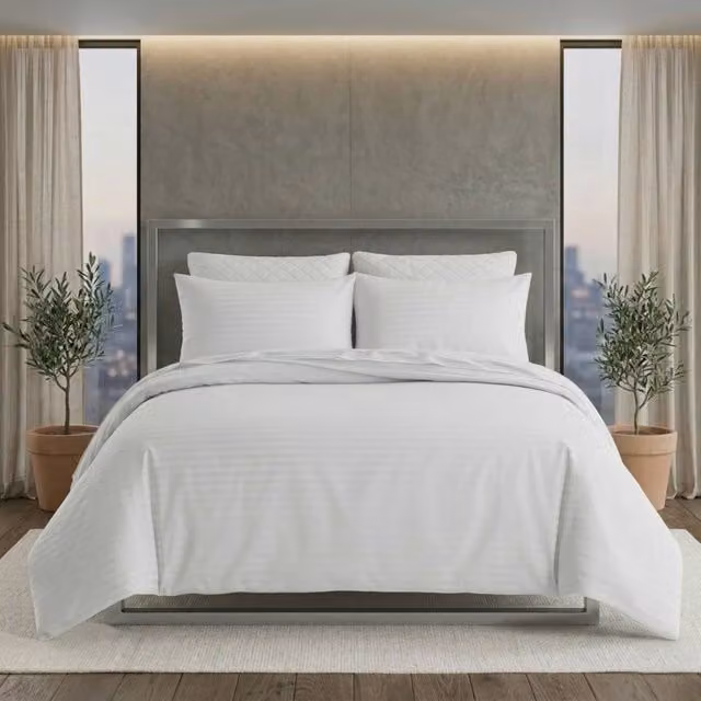 Snug City White Mako Satin Stripe Cotton Rich Duvet Cover Set, W: 200 cm x H: 200 cm – 1