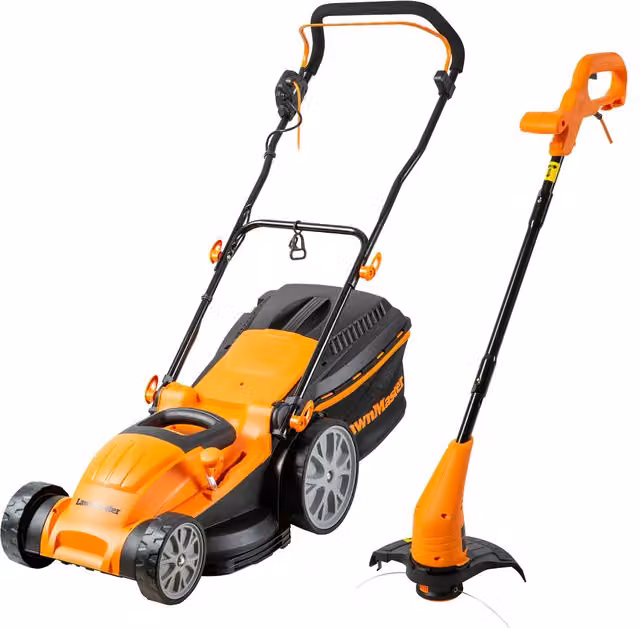 LawnMaster 1800W Electric Lawnmower and Grass Trimmer Set with Collection Bag and Mulching Kit, Orange