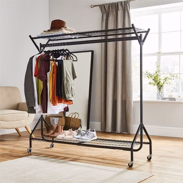 House of Home Heavy Duty Metal Clothing Rail with Shelves and Wheels in Matt Black, W/D/H: 152.4 x 100 x 152.4 cm – 1