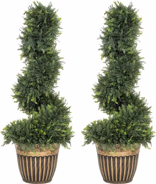 HOMCOM Set of 2 Green Artificial Topiary Spiral Boxwood Cypress Trees with Pots, Height: 90 cm