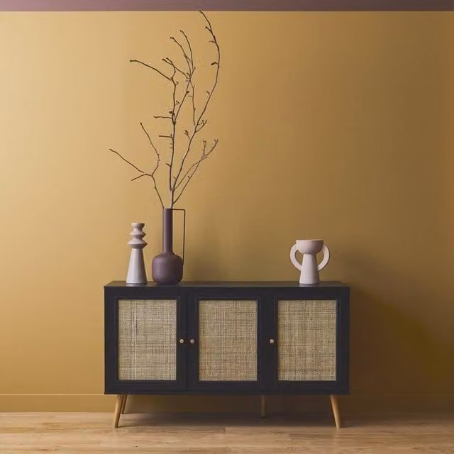 Sweek Black Sideboard Cabinet with Rattan and Glass Details, Width: 120 cm