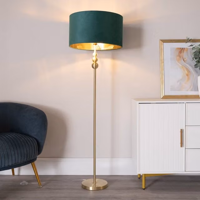 ValueLights Marissa Mid-Century Floor Lamp with Green Fabric Shade and Gold/Brass Metal Base, Bulb Included