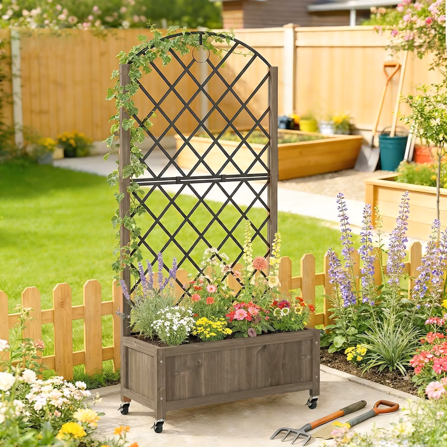 Outsunny Brown Carbonised Wood Raised Garden Bed with Metal Trellis and Lockable Wheels – 2