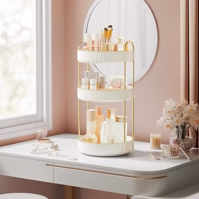 The Bazaarist Rotating 3 Tier Makeup Storage Organizer, Cloud White, W/D/H: 46.0 x 23.0 x 23.0 cm