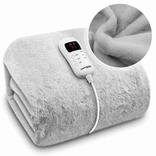 Dreamcatcher Faux Fur Heated Blanket in Light Grey with 9 Heat Levels and 9-Hour Timer – 1