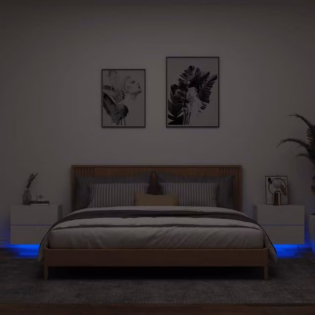 Berkfield Home Set of 2 Modern White Wall-mounted Bedside Cabinets with Integrated LED Lighting