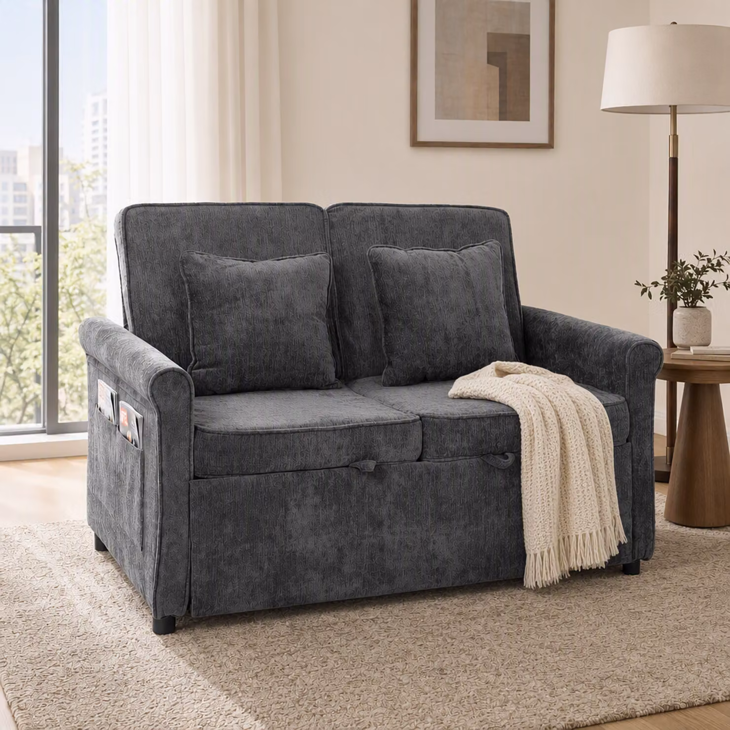 HOMCOM 2 Seater Convertible Chenille Sofa Bed in Grey with 5-Position Adjustable Backrest and Pull Out Sleeper Function, 140 x 190 cm – 2