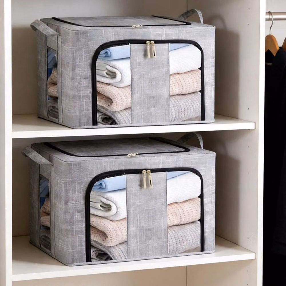 Nordara 4-Piece Grey Folding Storage Box Set with Steel Frame and Handles, 66L Capacity – 4
