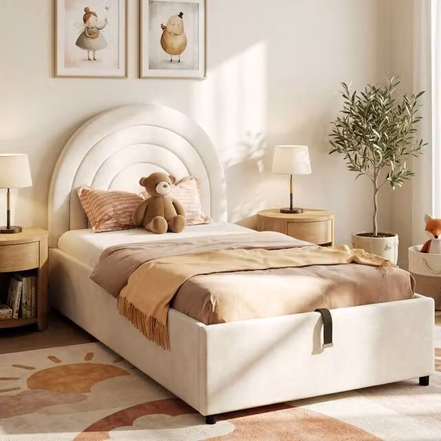 Merax Single Velvet Ottoman Bed with Storage and Arched Headboard, Beige, W/D/H: 90 x 190 x 100 cm – 1