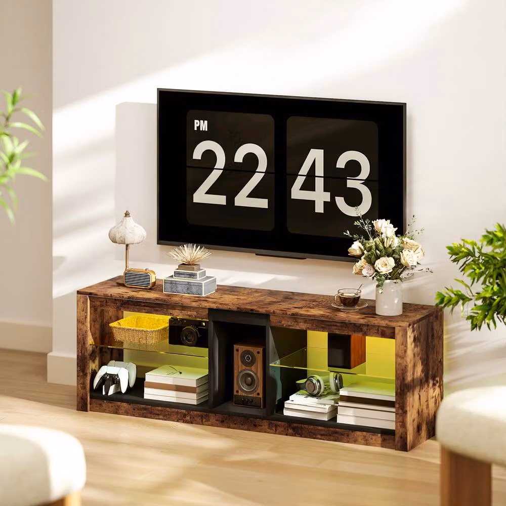 STILVORA Rustic Brown TV Stand with Integrated LED Lighting, Adjustable Shelves and Media Compartments, Width: 140 cm – 3