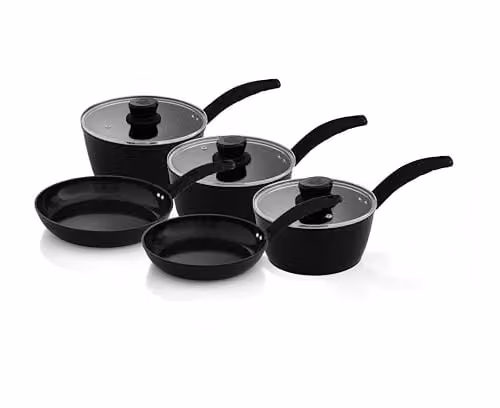 Swan Stealth 5 Piece Cookware Set in Black with Ceramic Coating, including Saucepans with Glass Lids and Frying Pans, Induction Compatible – 1