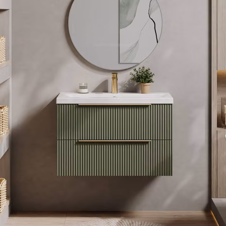 Balterley Fluted Front Wall Hung 2 Drawer Vanity Basin Unit, Satin Green, W: 80 cm