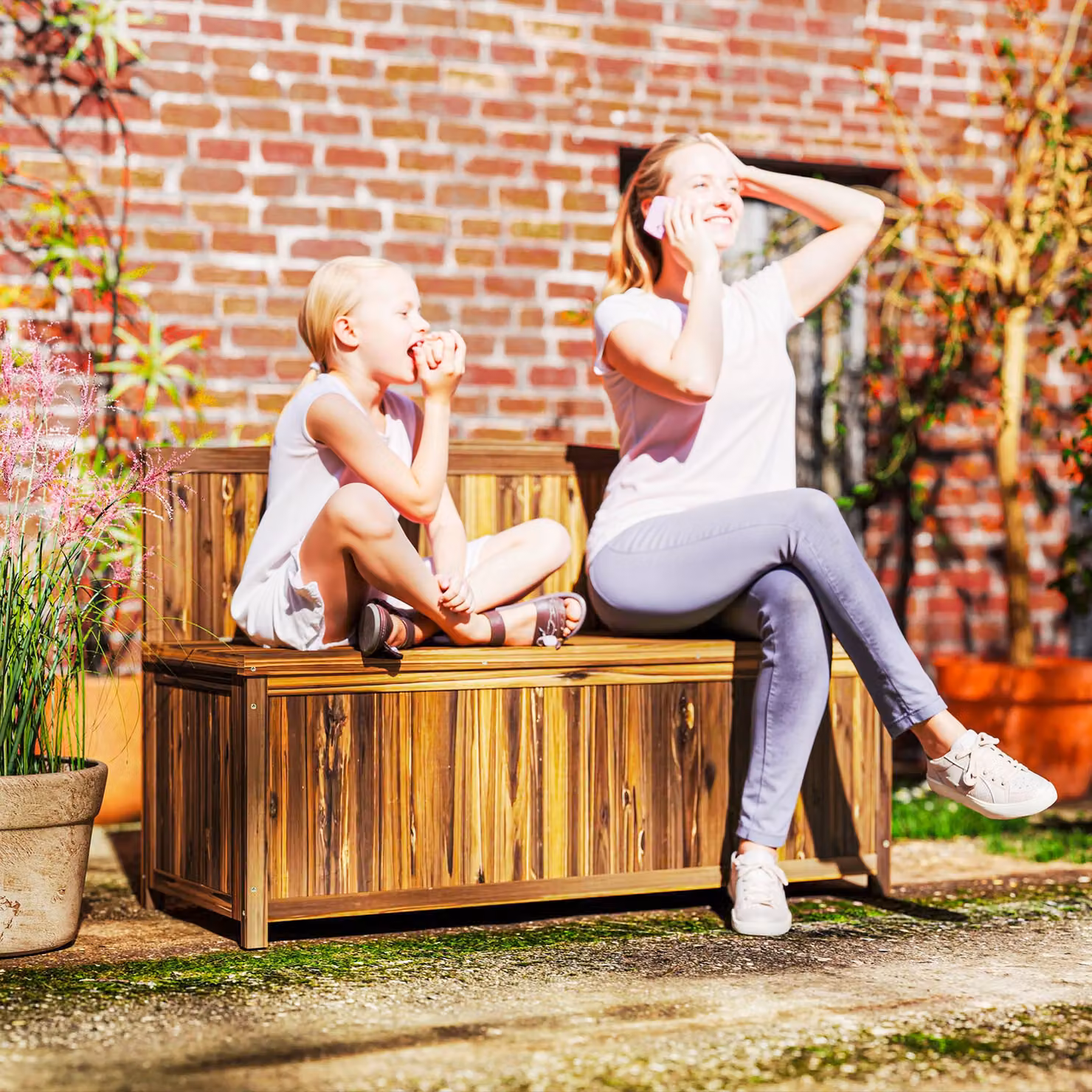 Outsunny Brown Treated Hardwood Wood Storage Bench for Garden and Patio Seating – 5