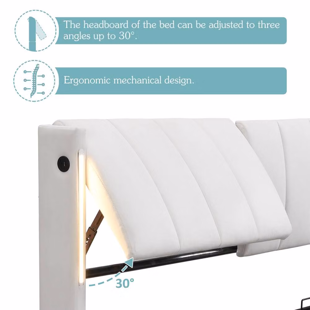 BTM White Super King LED Bed with Hydraulic Storage and USB Charging, W/D/H: 180 x 200 cm – 3