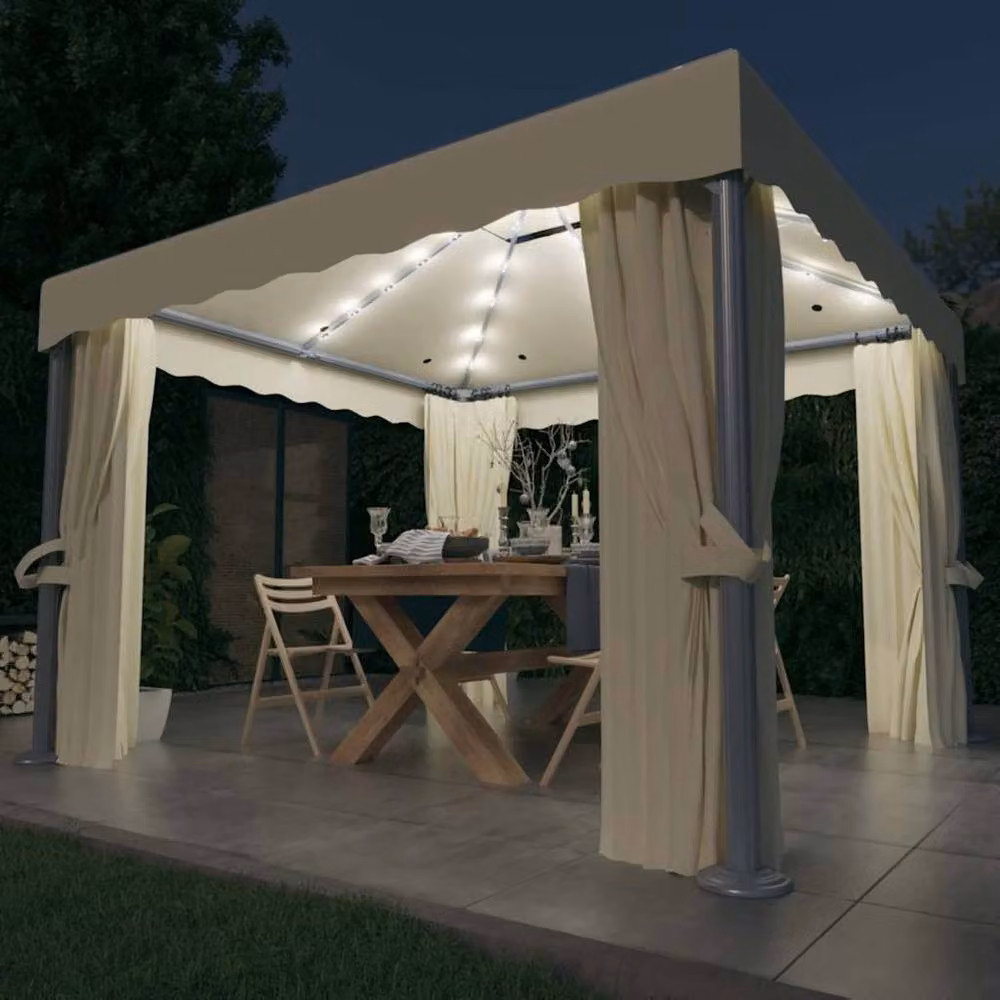 Berkfield Home Gazebo with Curtains and LED String Lights, Cream White and Beige, W: 300 cm, D: 300 cm, H: 270 cm – 2