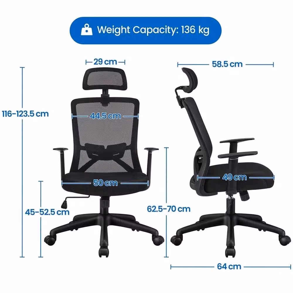 VOGREX Black Ergonomic Fabric Swivel Office Chair with Headrest and Armrests – 2