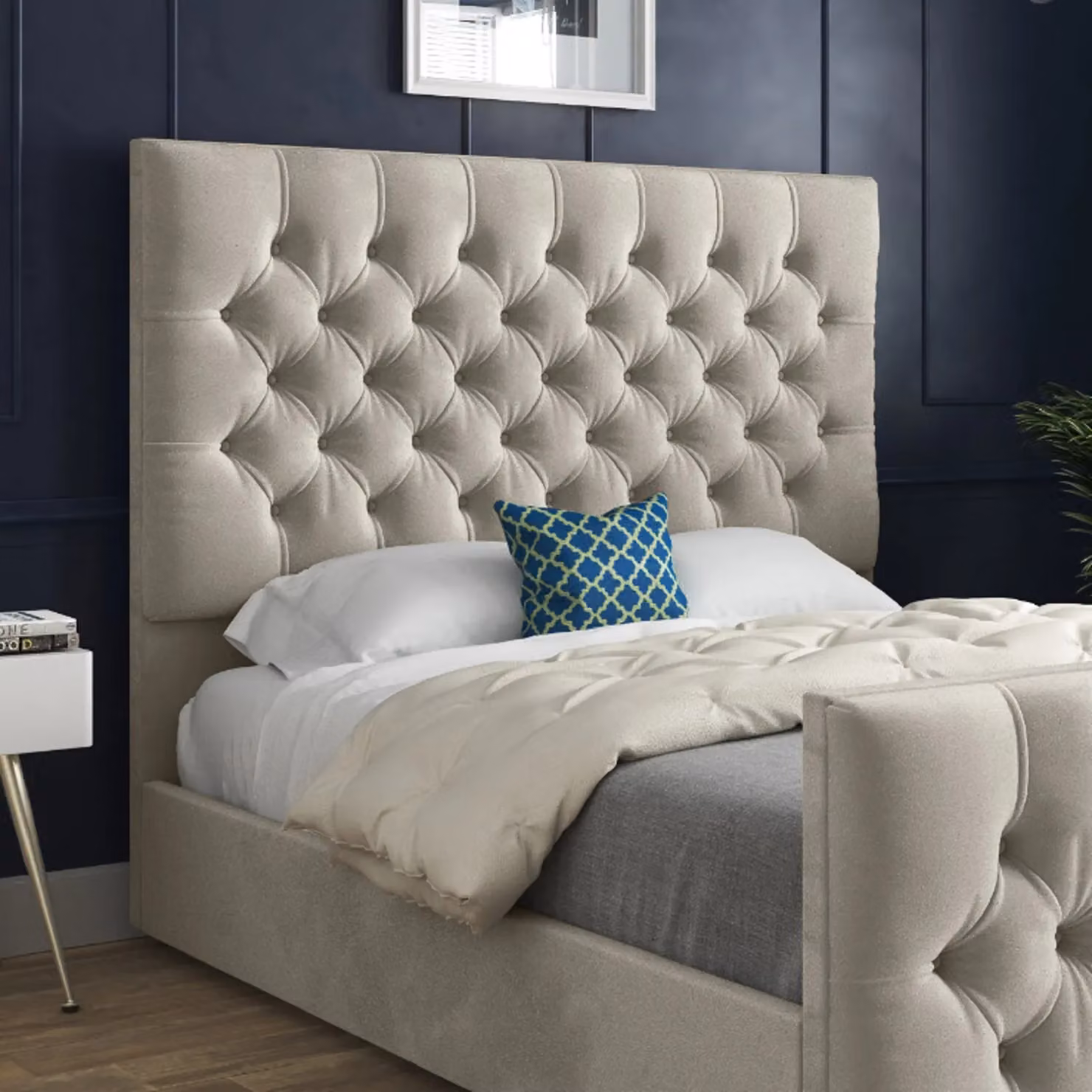 Casani Chesterfield Upholstered Velvet Bed Frame in Beige, W/D/H: 180 x 137 x 159 cm – 3