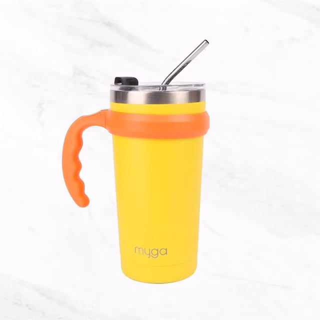 Myga Stainless Steel Double Walled Coffee Cup with Lid, Yellow, 20oz