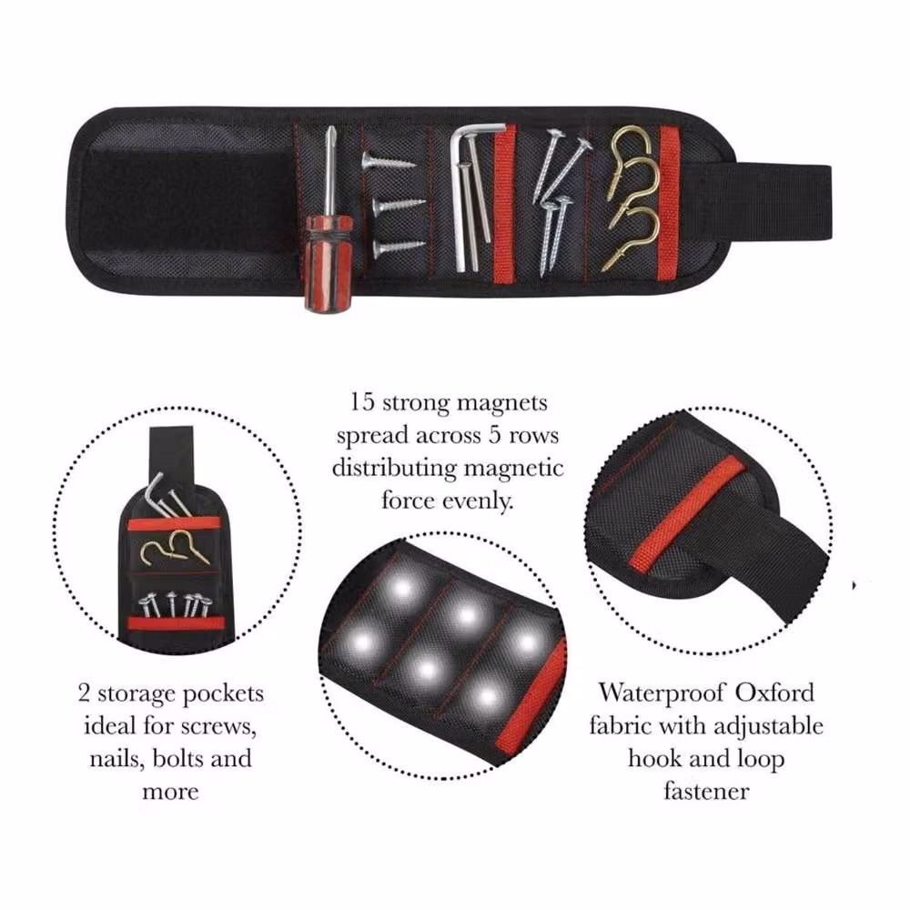 Top 3 Magnetic Wristband Tool Holder with 15 Magnets and Storage Pockets in Black Polyester – 4