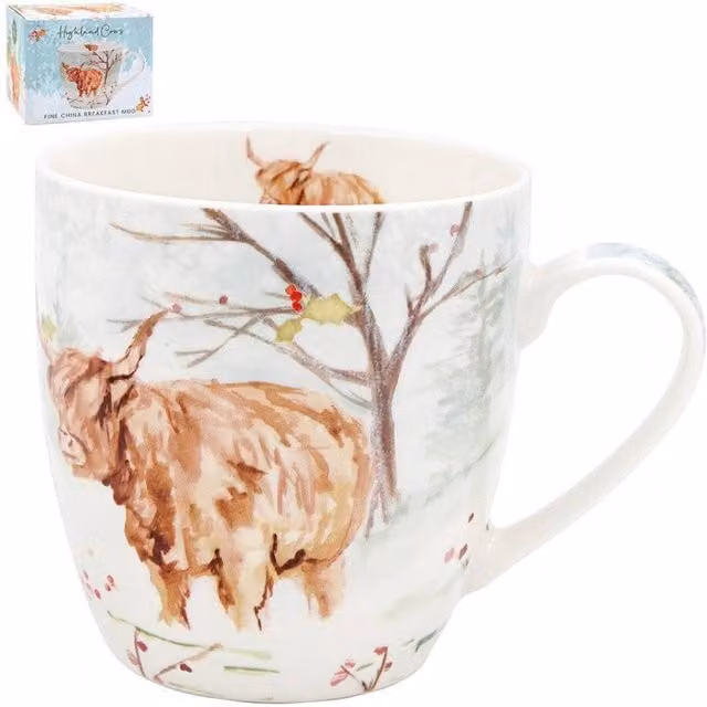 KDMD Highland Cow Breakfast Mug in Brown and White Bone China