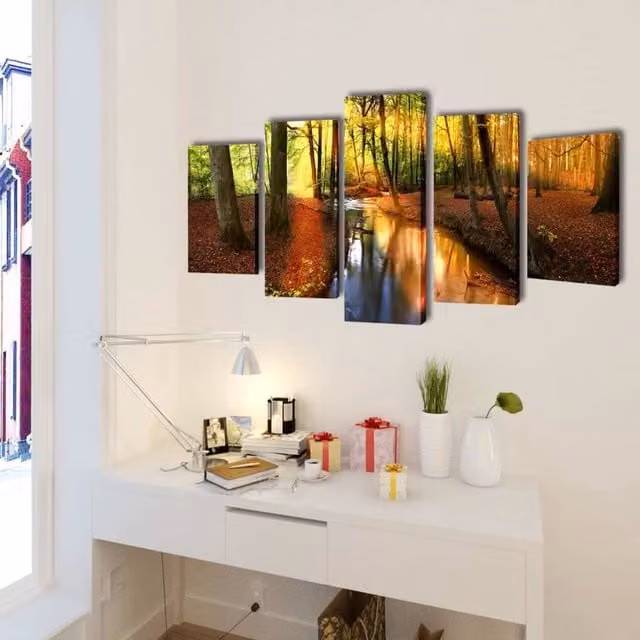 Berkfield Home Multicolour Forest Canvas Wall Print Set with Autumn Leaves, W: 200 cm x H: 100 cm