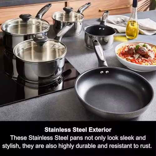 Morphy Richards 5 Piece Stainless Steel Pan Set with Ceramic Coating and Glass Lids in Silver – 2