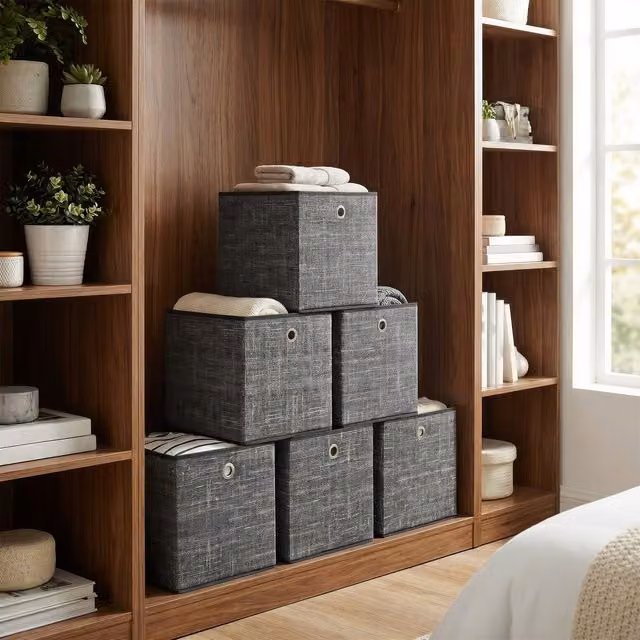 SONGMICS Set of 6 Foldable Non-Woven Fabric Storage Boxes with Handles, Black and Grey