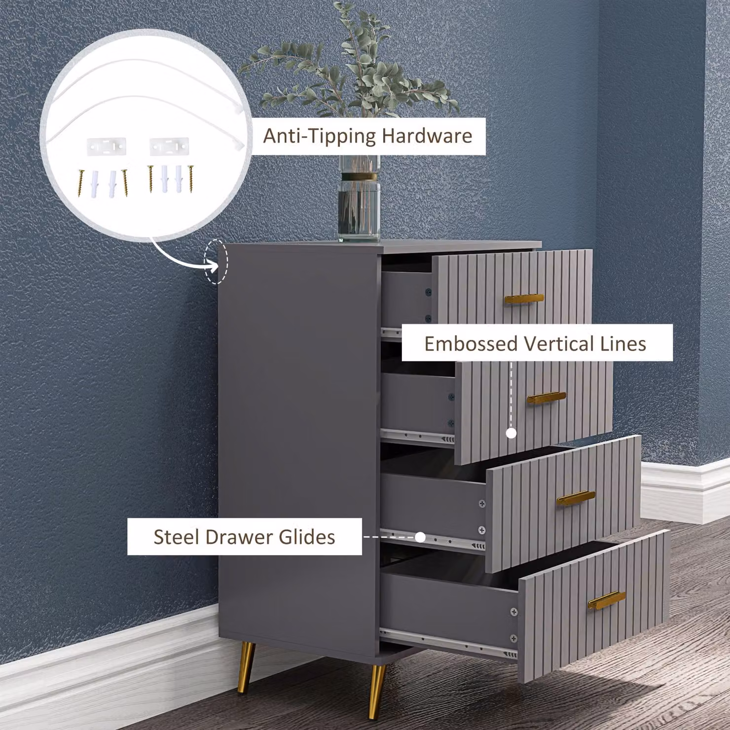 HOMCOM Modern 4-Drawer Bedroom Chest of Drawers with Aluminium Legs in Dark Grey – 4