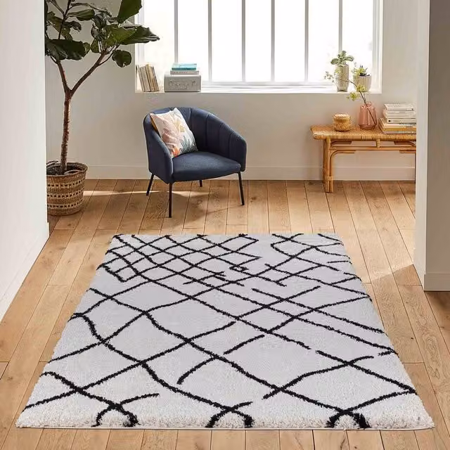 Desire Rugs Moroccan Berber Shaggy Rug with Abstract Boho Design in Stone, Yellow and White, W/D/H: 80 x 150 cm