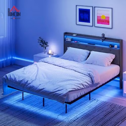 HOMCOM Double Floating Bed Frame in Grey with RGB LED Lights, USB Charging Port and Side Compartments, W/D/H: 140 x 190 x 135 cm – 3