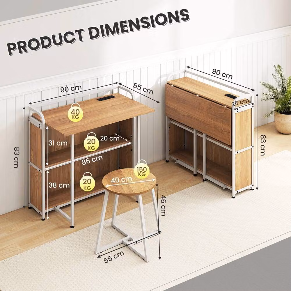 VOGREX Computer Desk and Stool Set with Storage Shelves in Brown Rustic Wood and Metal, W: 90 cm – 2
