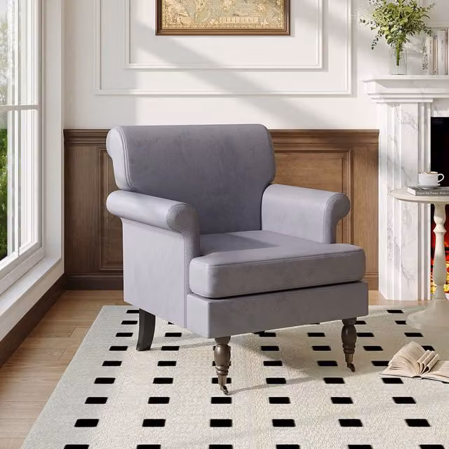 Livingandhome Grey Velvet Armchair with Solid Wood Frame and Armrests