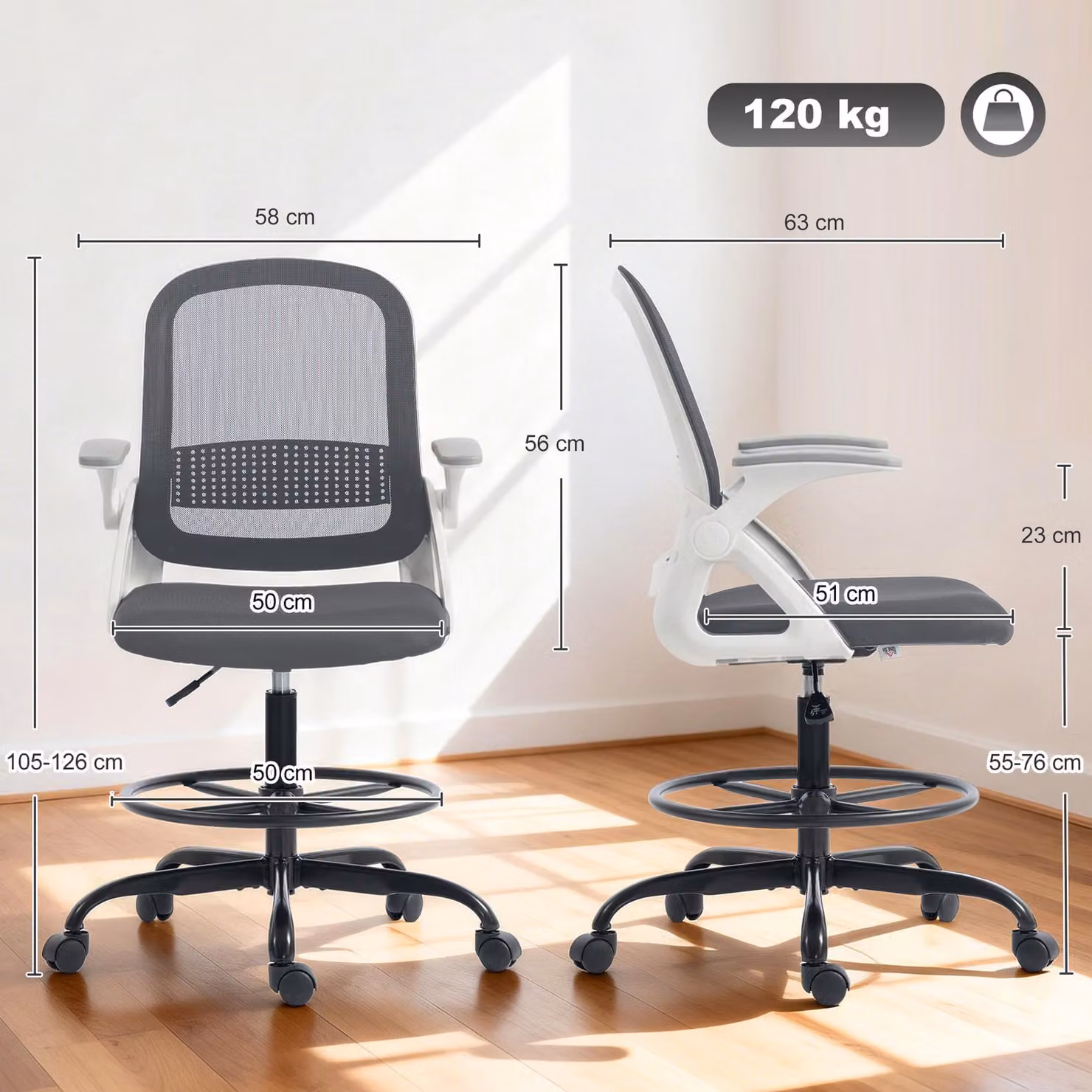 HOMCOM Grey Mesh Drafting Chair with Flip-up Armrests and Foot Ring – 3