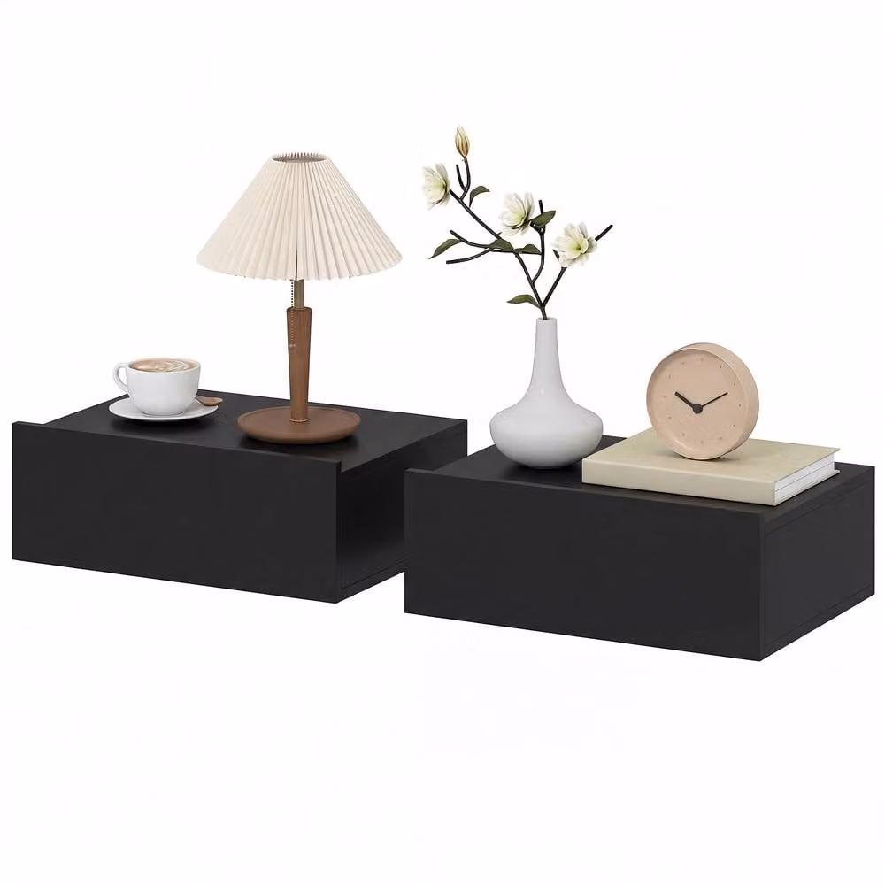 STILVORA Set of 2 Wall Mounted Black Bedside Tables with Drawer – 3
