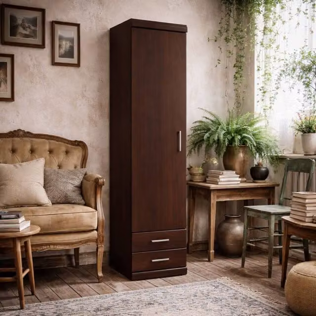 Wyld Haus Sonderborg Tall Narrow Freestanding Cabinet with 1 Door and 2 Drawers in Dark Brown Lacquered Wood