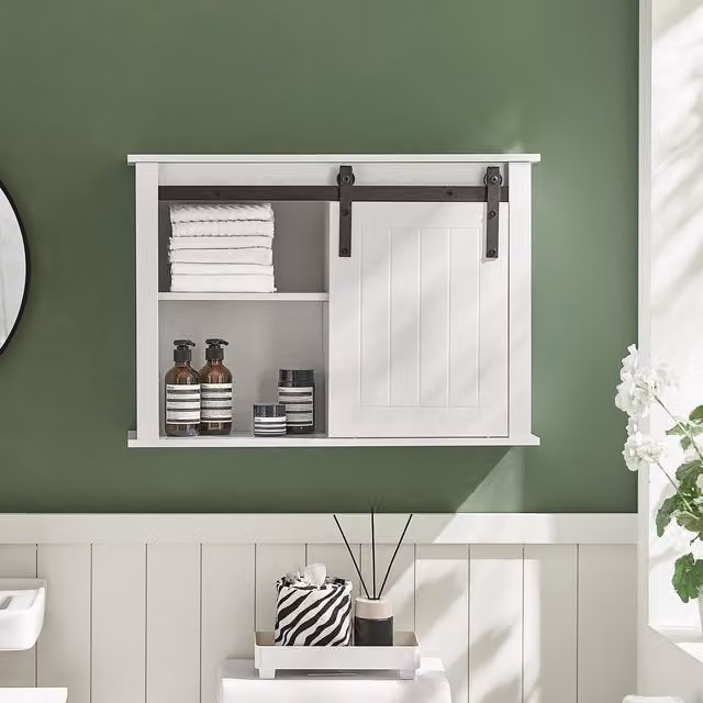 SoBuy Modern White Wall Mounted Storage Cabinet with Glass Sliding Doors and Internal Shelves
