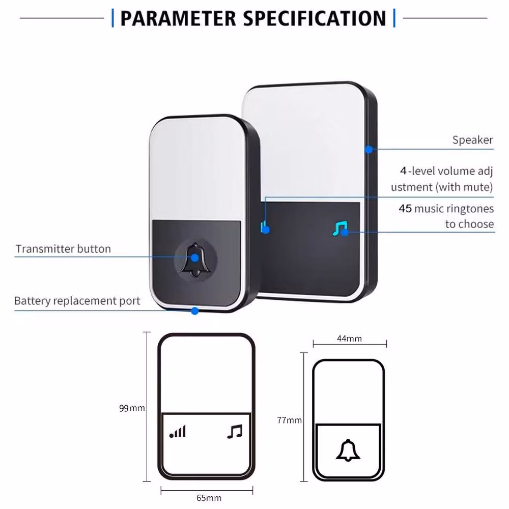 Ventryn Wireless Waterproof Doorbell with 1 Transmitter and 2 Receivers in White – 3