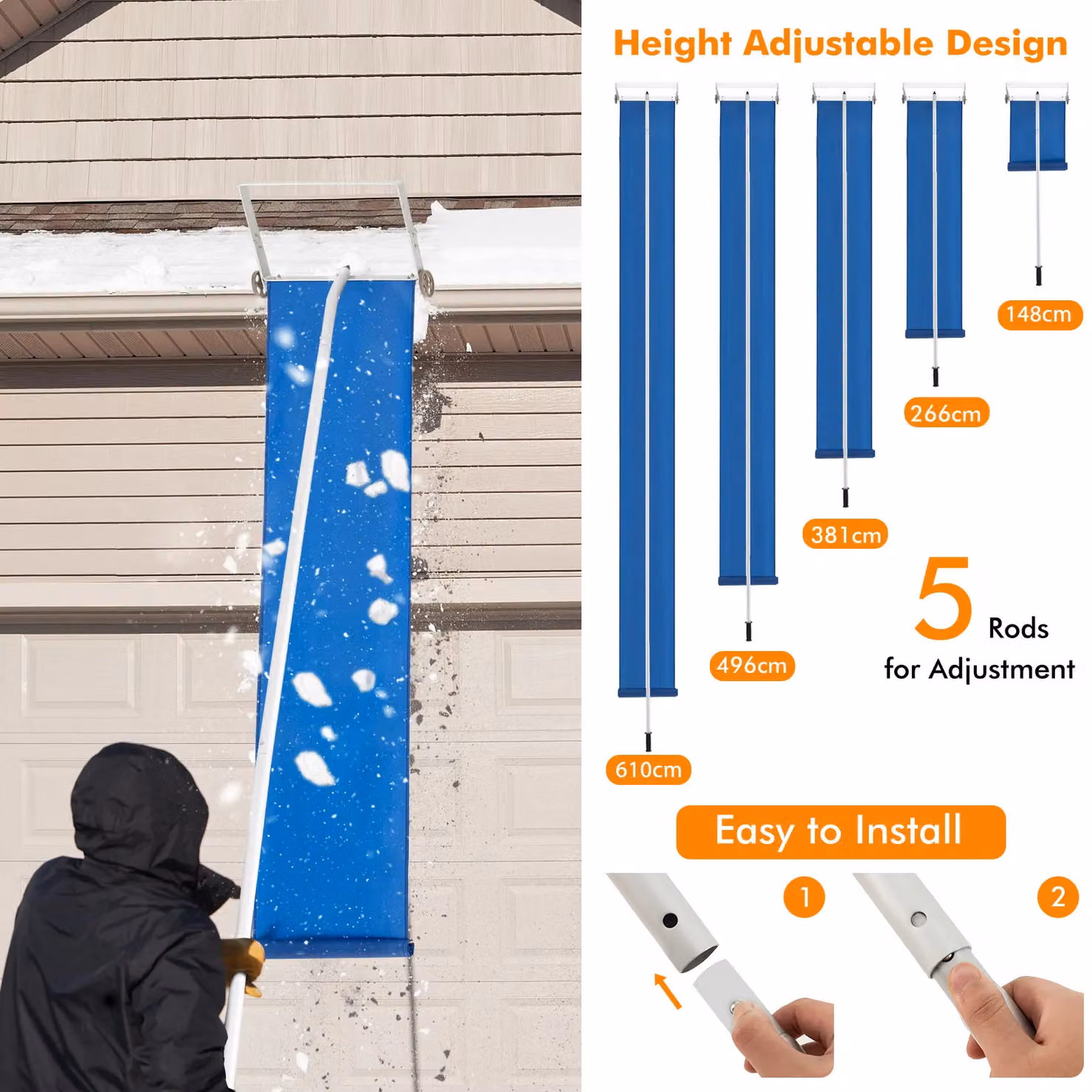 Costway Aluminium Snow Roof Rake with 5 Section Pole for House and Vehicle, Silver – 3