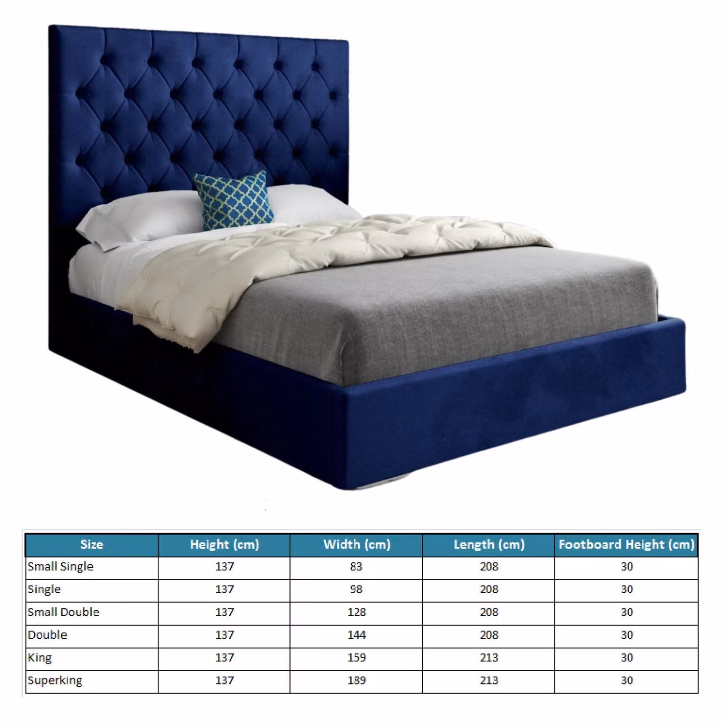 KDMD Alma Blue Velvet Upholstered Chesterfield Bed Frame, W/D/H: 140 x 200 cm – 4