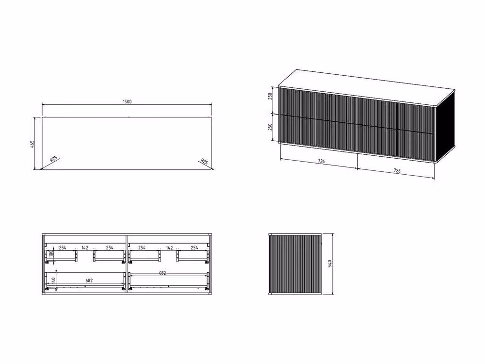 Vente-unique Suspended Ribbed Bathroom Cabinet with Gold Trim and Double Round Doors in Black, W/D/H: 150 x 47 x 54 cm – 4