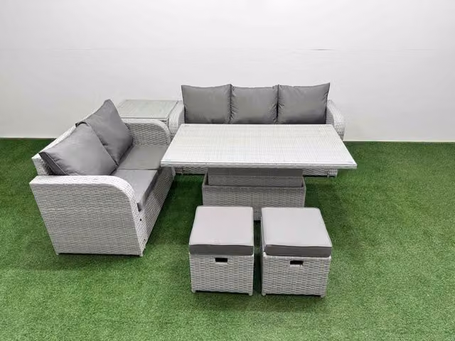 Fimous 7 Seater Grey PE Rattan Wicker Garden Furniture Set with 3 Seater Sofa, Love Seat, Ottoman and Adjustable Lifting Dining or Coffee Table